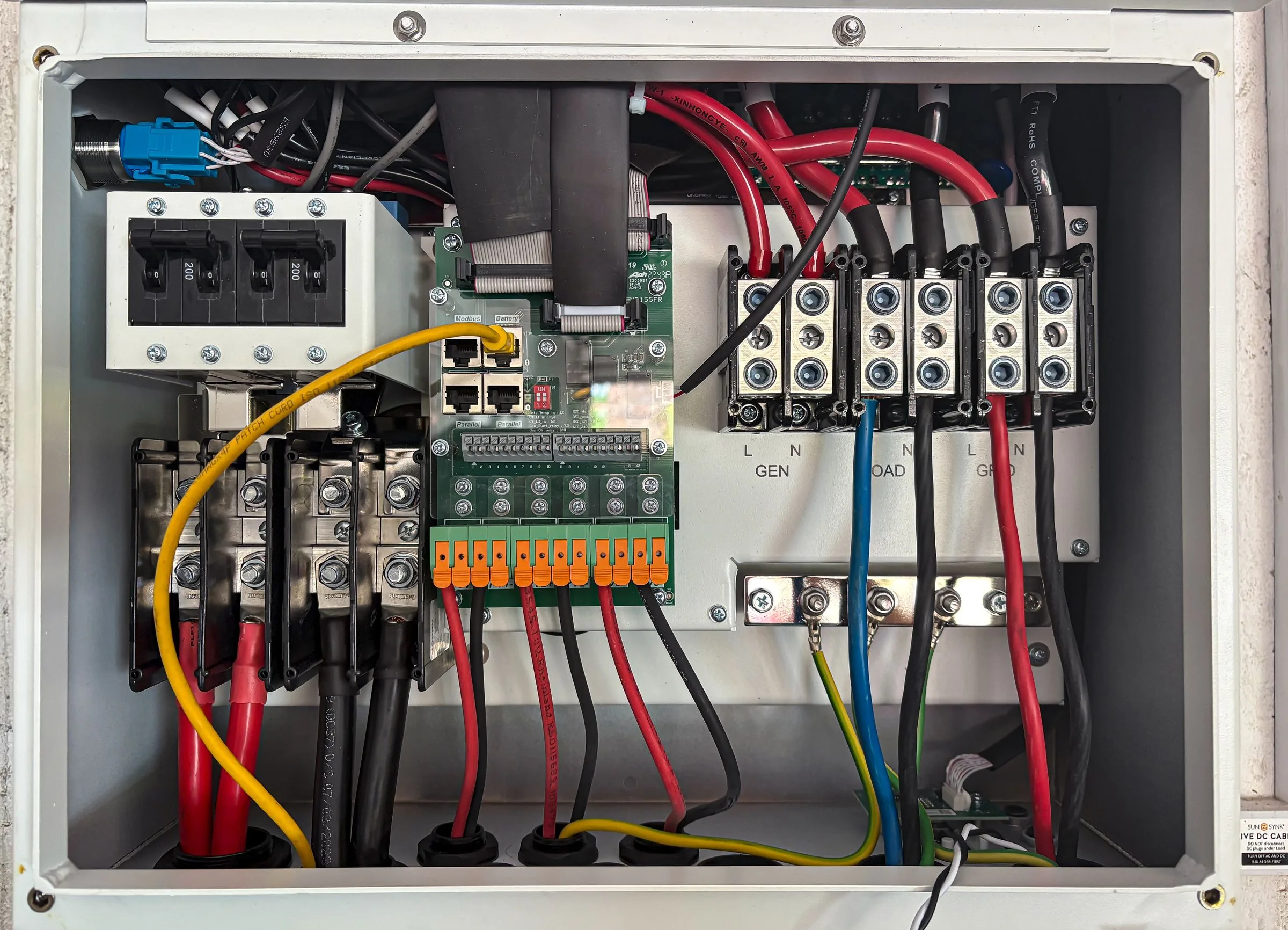 Bagian dalam panel kendali listrik dengan kabel dan modul